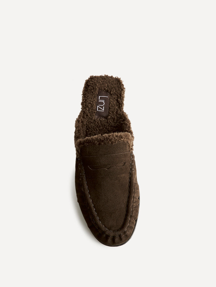 Introduction Brown Suede Leather Mules With Fur