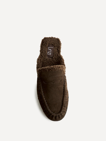 Introduction Brown Suede Leather Mules With Fur