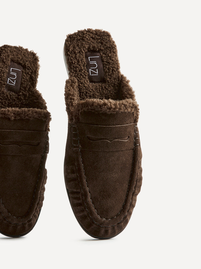 Introduction Brown Suede Leather Mules With Fur