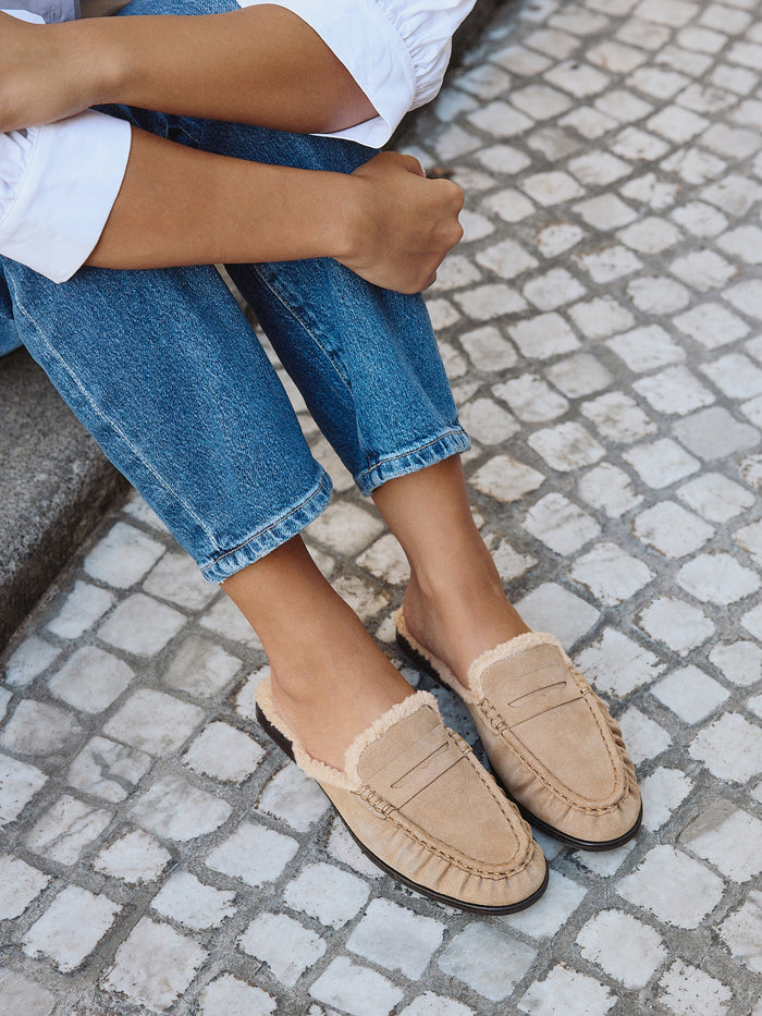 Introduction Taupe Suede Leather Mules With Fur