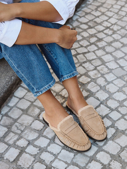 Introduction Taupe Suede Leather Mules With Fur