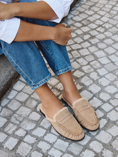 Introduction Taupe Suede Leather Mules With Fur