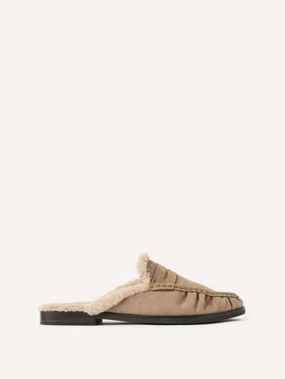 Introduction Taupe Suede Leather Mules With Fur