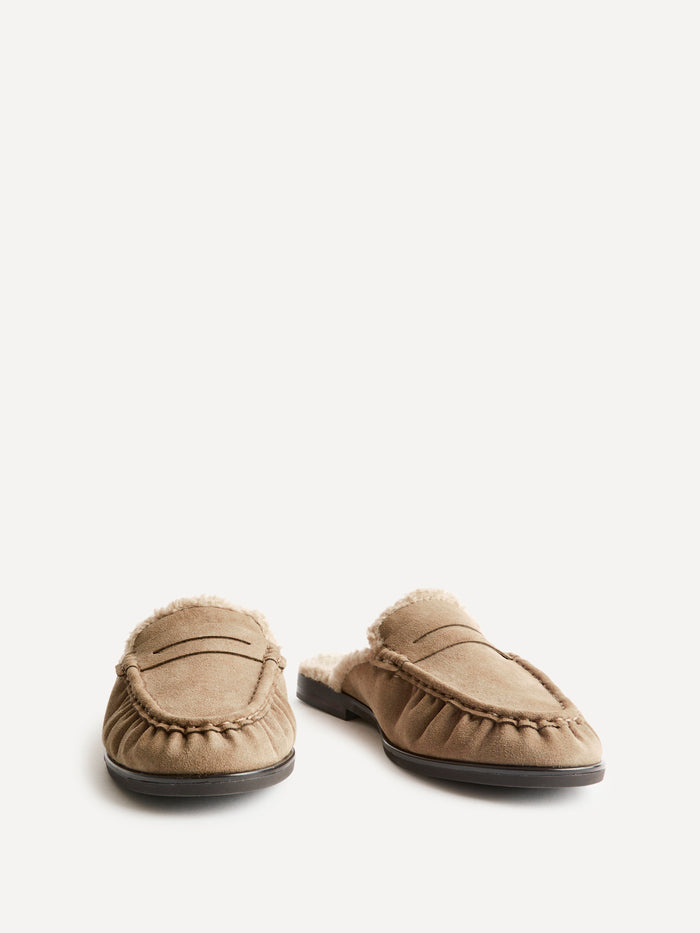 Introduction Taupe Suede Leather Mules With Fur