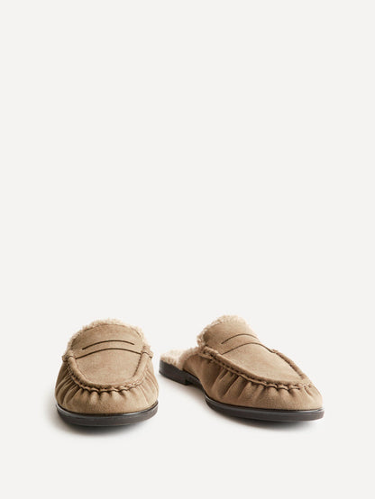 Introduction Taupe Suede Leather Mules With Fur