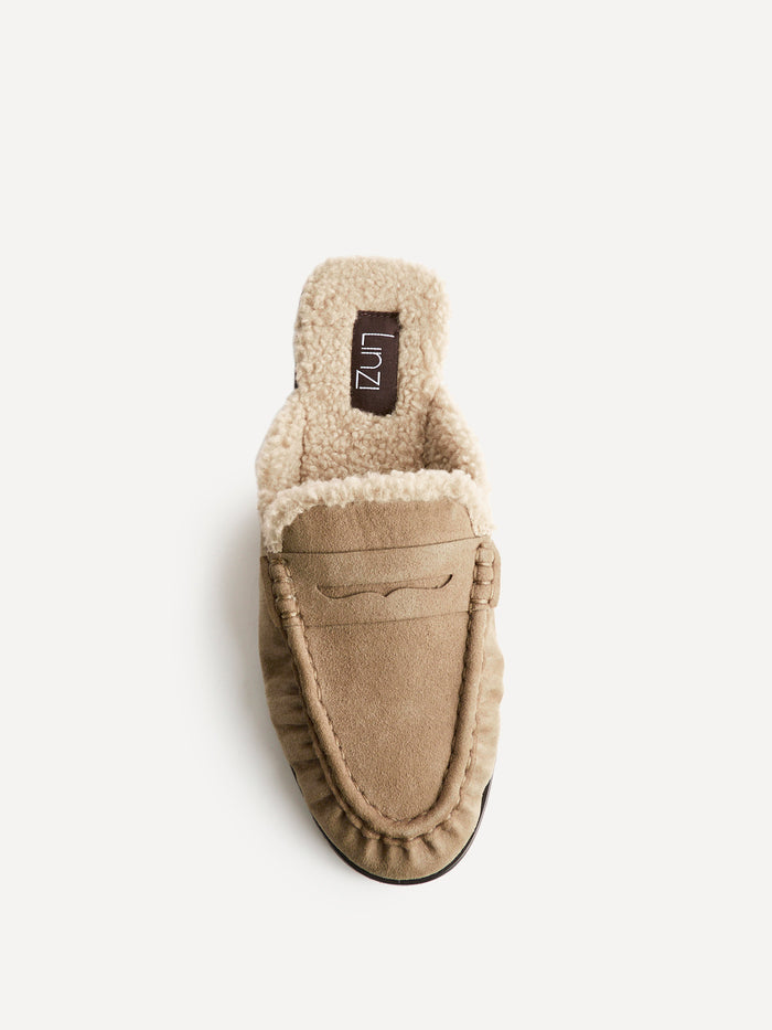Introduction Taupe Suede Leather Mules With Fur