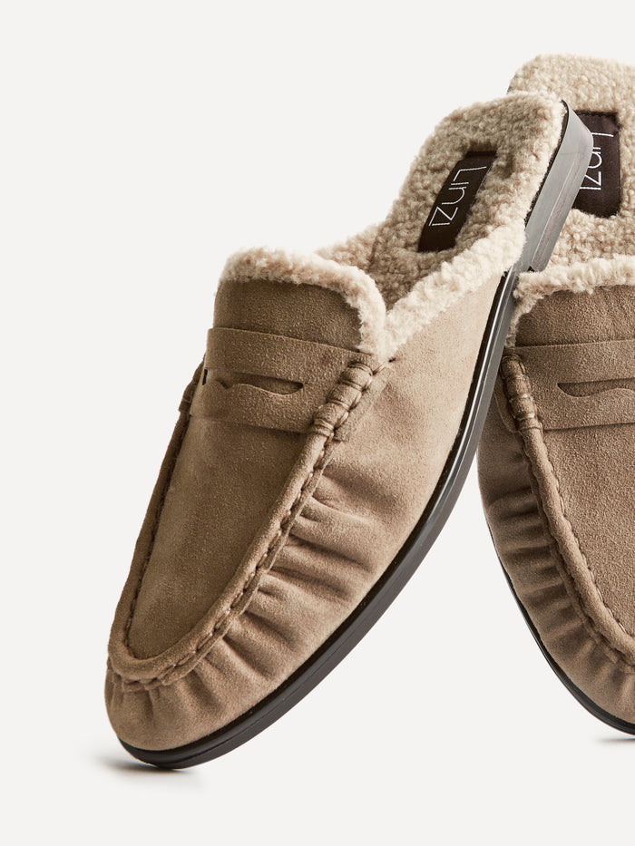 Introduction Taupe Suede Leather Mules With Fur