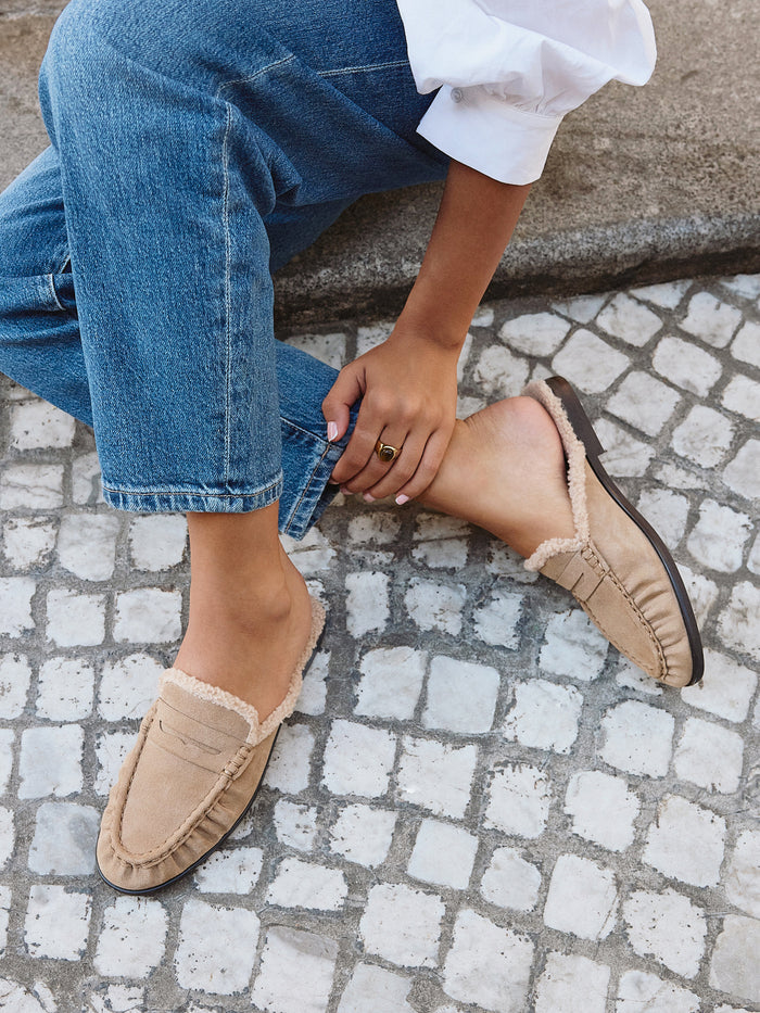 Introduction Taupe Suede Leather Mules With Fur