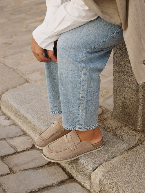 Invested Beige Faux Suede Mule Loafers