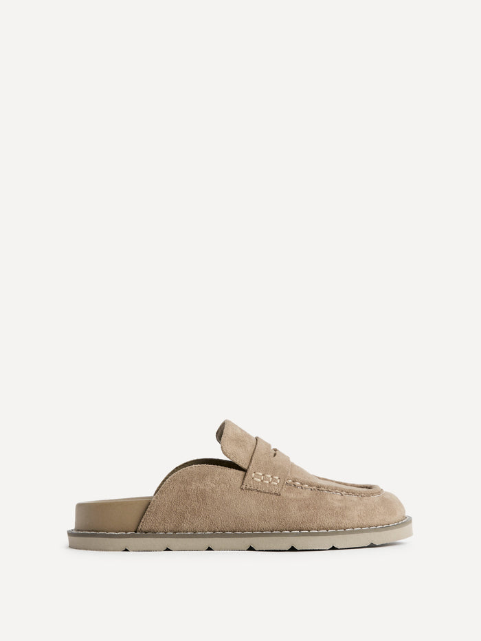 Invested Beige Faux Suede Mule Loafers