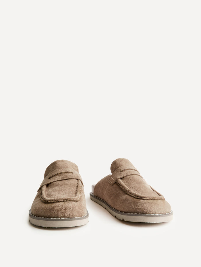 Invested Beige Faux Suede Mule Loafers