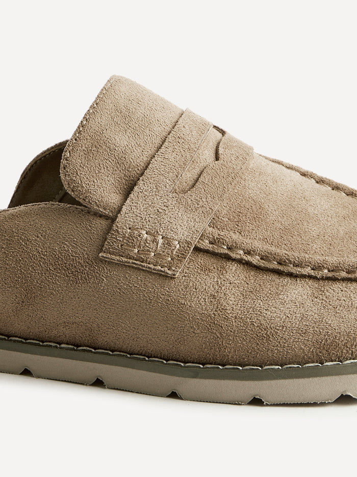 Invested Beige Faux Suede Mule Loafers