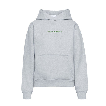 Light gray Kappa Delta hoodie with green embroidered wordmark