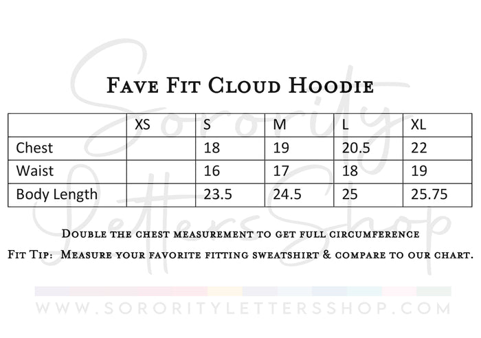 Fave Fit Cloud Hoodie size chart with chest, waist, and body length measurements