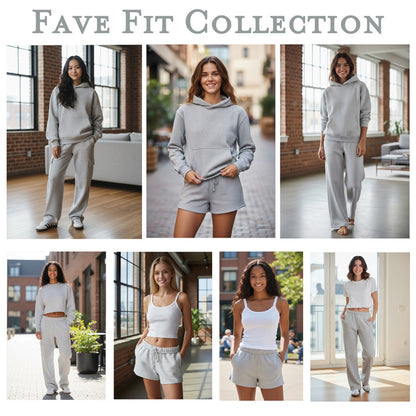 Selection of models in Fave Fit Collection loungewear including hoodie, pants, and shorts