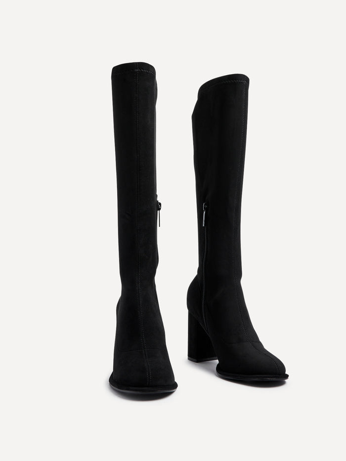Kylie Black Stretch Long Block Heeled Boots