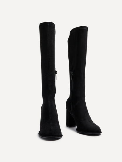 Kylie Black Stretch Long Block Heeled Boots