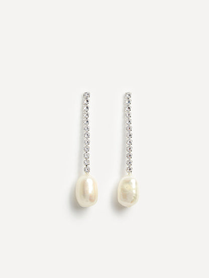 Moonlit Silver Crystal Drop Pearl Earrings