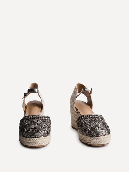 Mystic Pewter Embroidered Espadrille Wedges