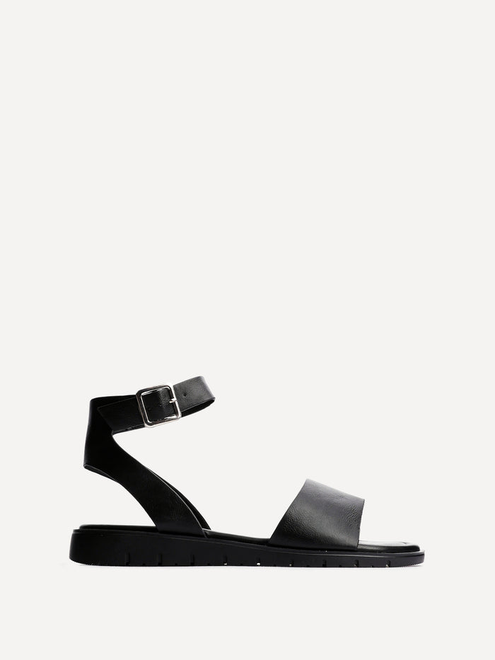 Nora Black Faux Leather Flat Sandals