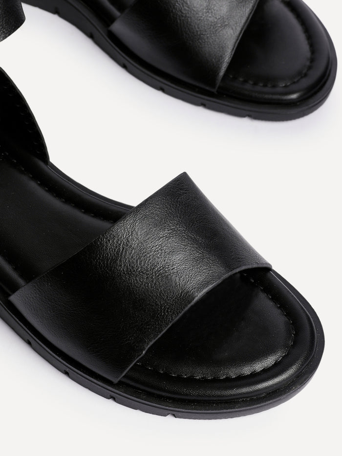 Nora Black Faux Leather Flat Sandals