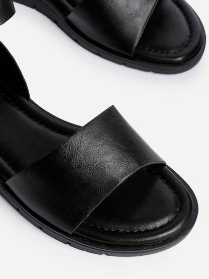 Nora Black Faux Leather Flat Sandals