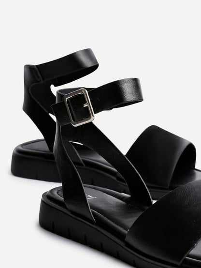 Nora Black Faux Leather Flat Sandals