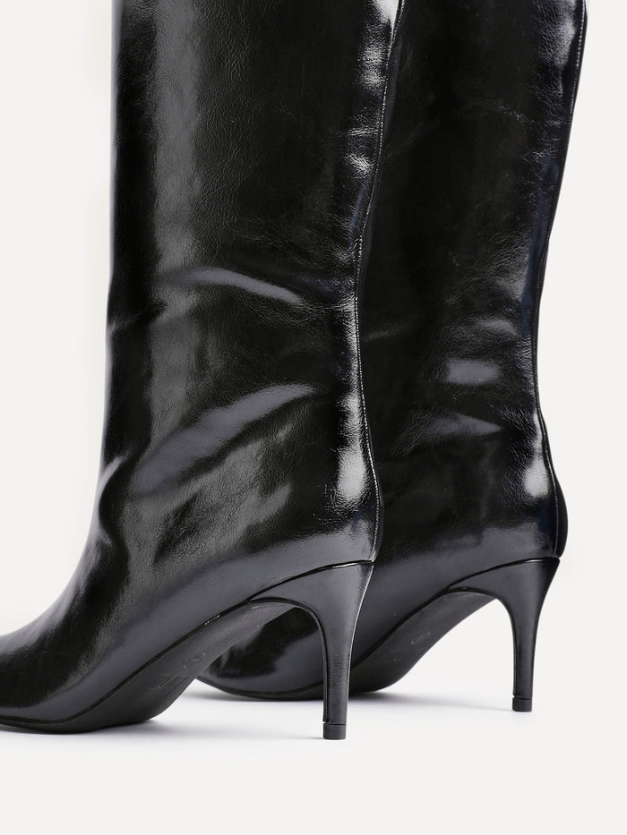 Onyx Black Faux Leather Long Heeled Boots