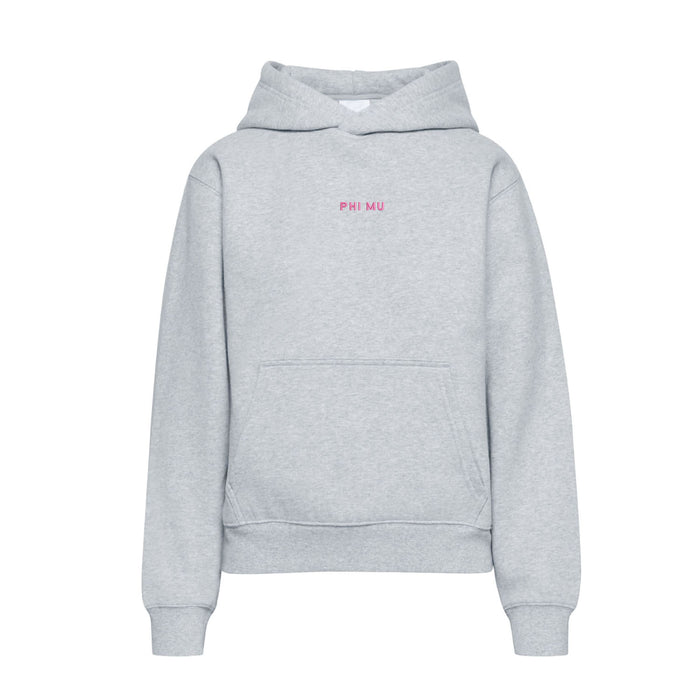Light gray Phi Mu hoodie with pink embroidered wordmark