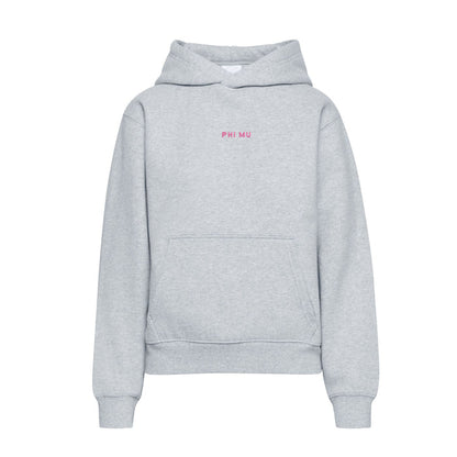 Light gray Phi Mu hoodie with pink embroidered wordmark