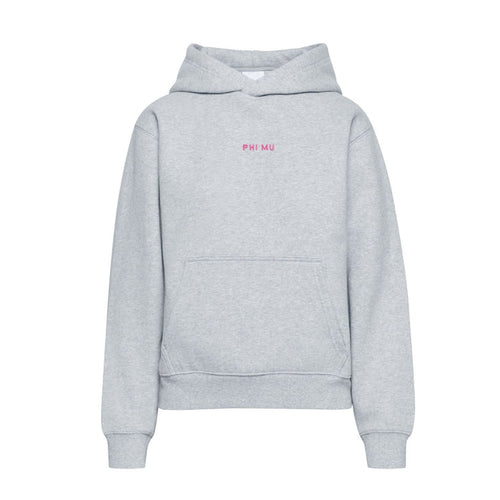 Light gray Phi Mu hoodie with pink embroidered wordmark