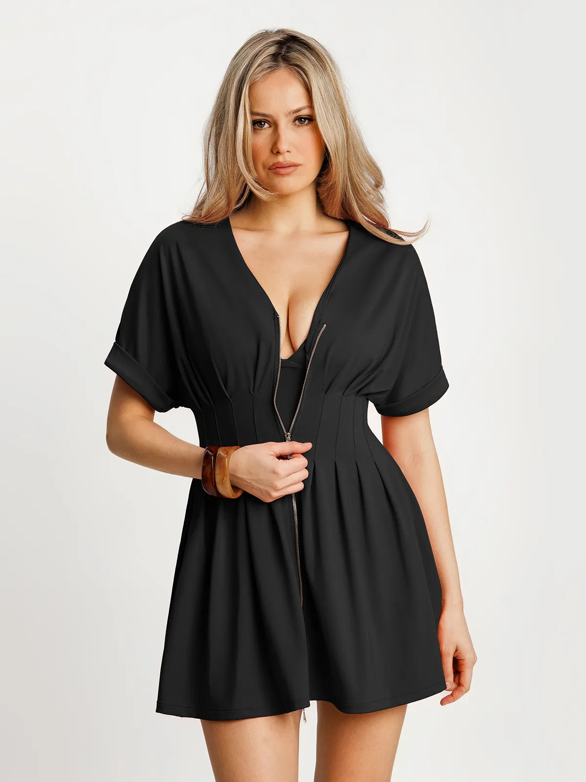 Deep V Zip Front Two-Piece Sculpting Mini Dress