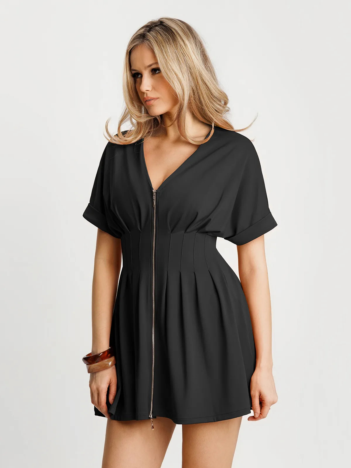 Deep V Zip Front Two-Piece Sculpting Mini Dress