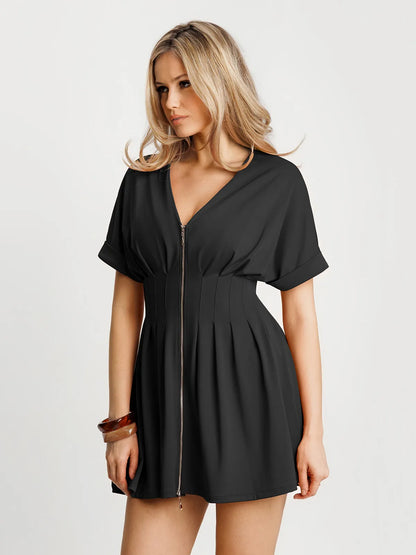 Deep V Zip Front Two-Piece Sculpting Mini Dress