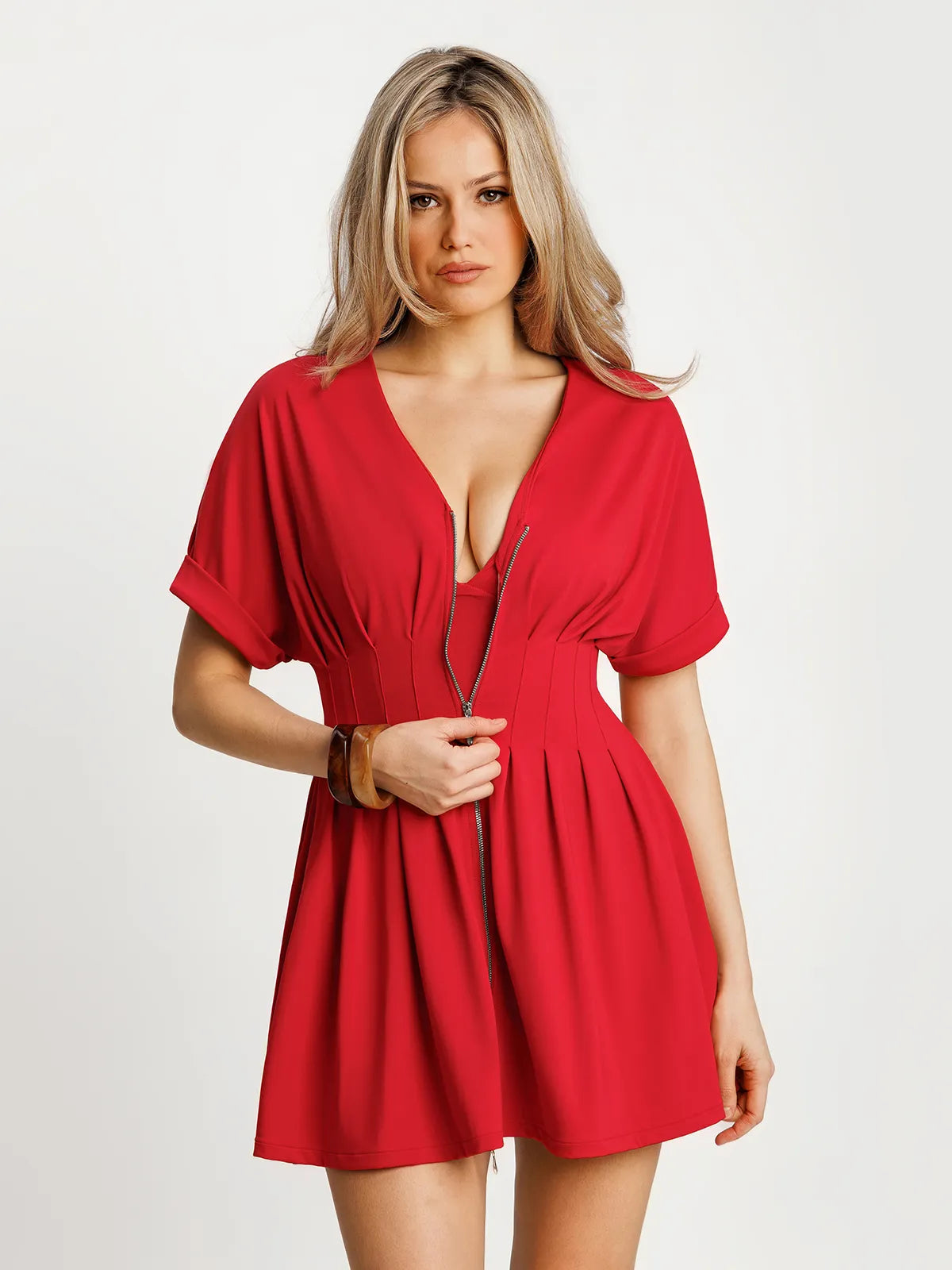 Deep V Zip Front Two-Piece Sculpting Mini Dress