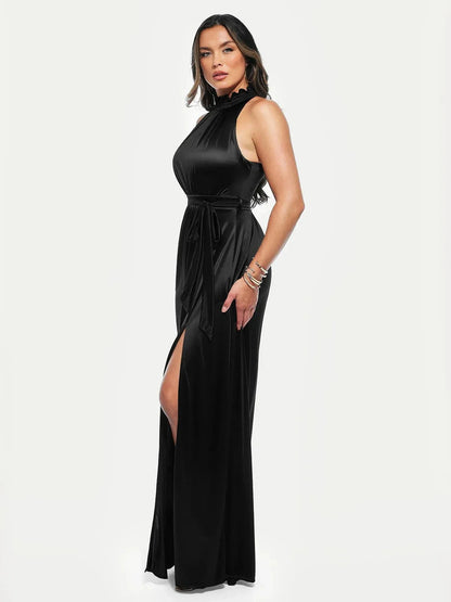 Draped High Neck Sculpting Floral-Print Maxi Dress