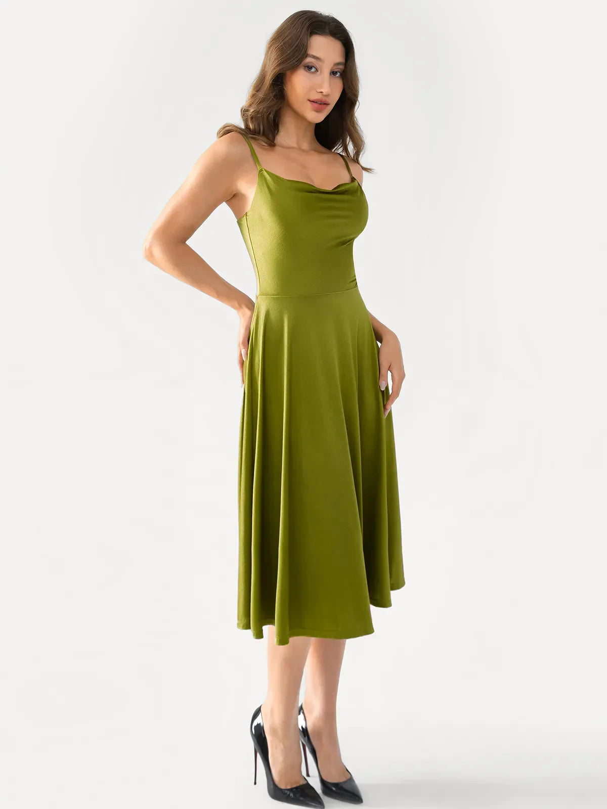 Shapewear Strappy Cowl Neck Fit & Flare Midi Dress