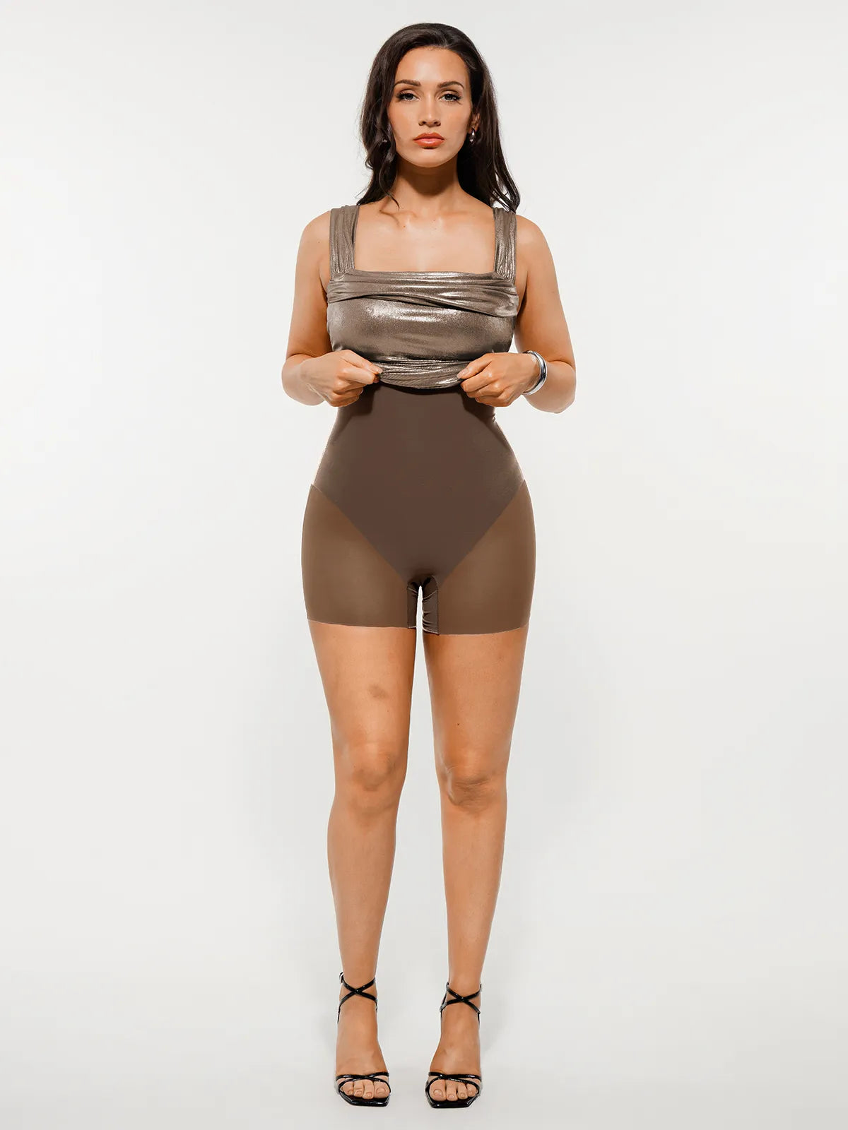 Metallic Off-The Shoulder Ruched Sculpting Tummy Control Mini Dress