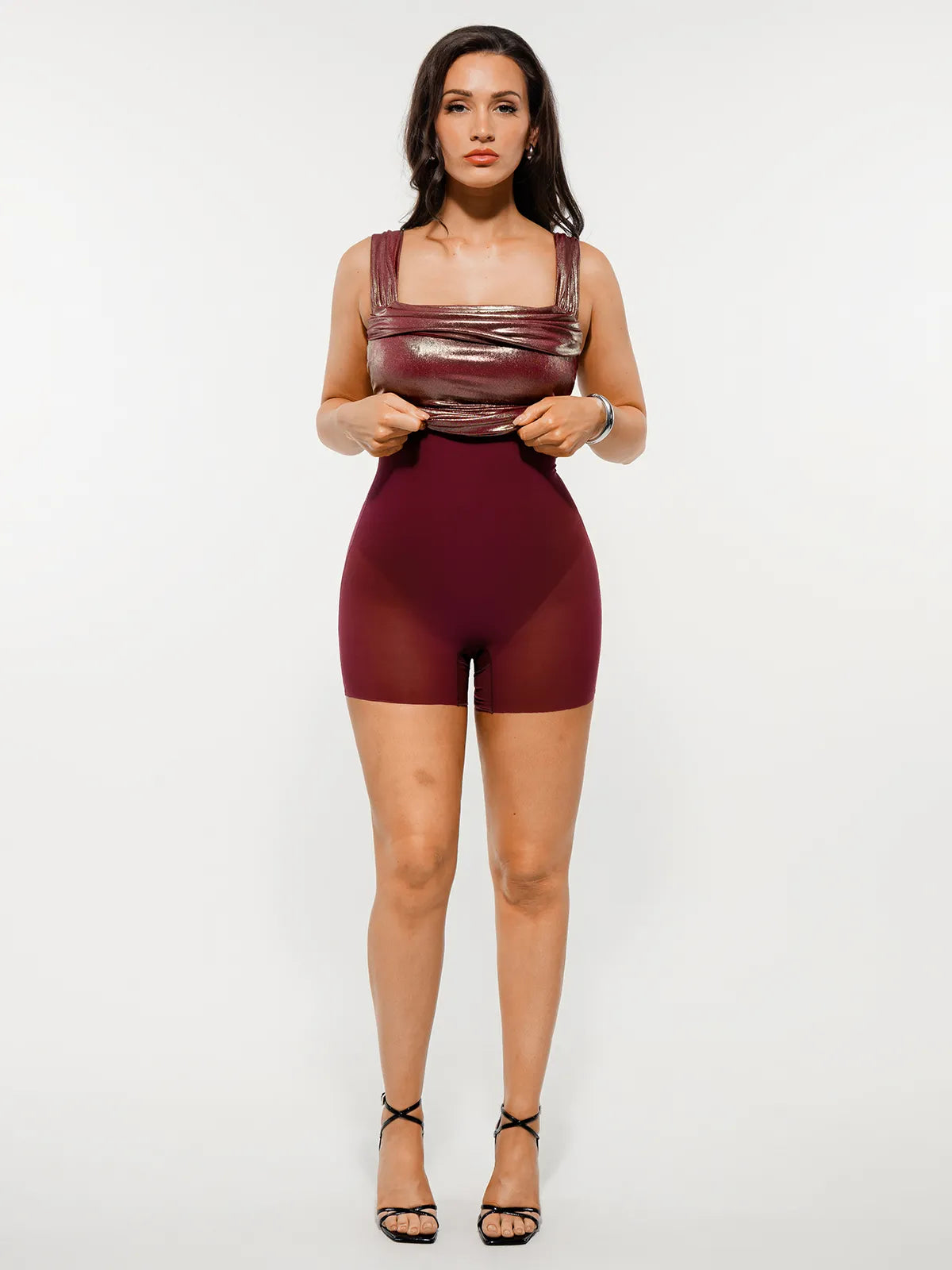 Metallic Off-The Shoulder Ruched Sculpting Tummy Control Mini Dress