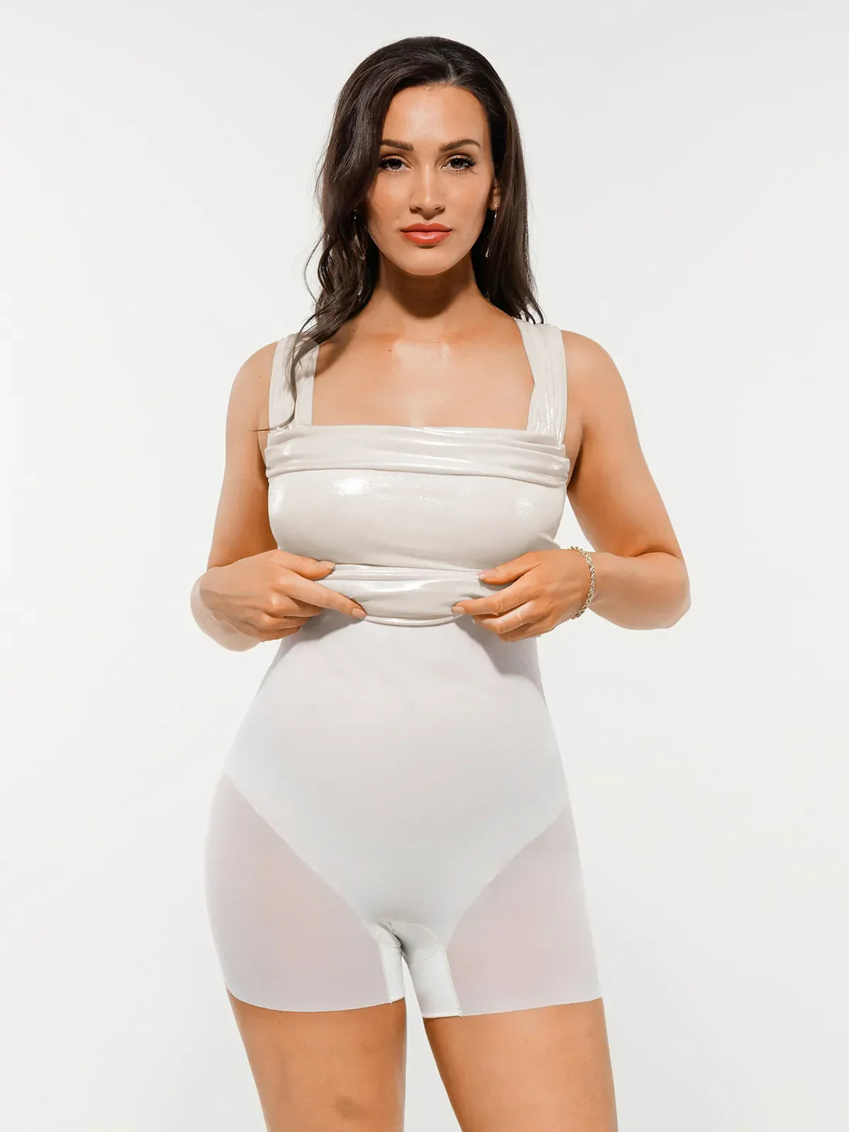 Metallic Off-The Shoulder Ruched Sculpting Tummy Control Mini Dress