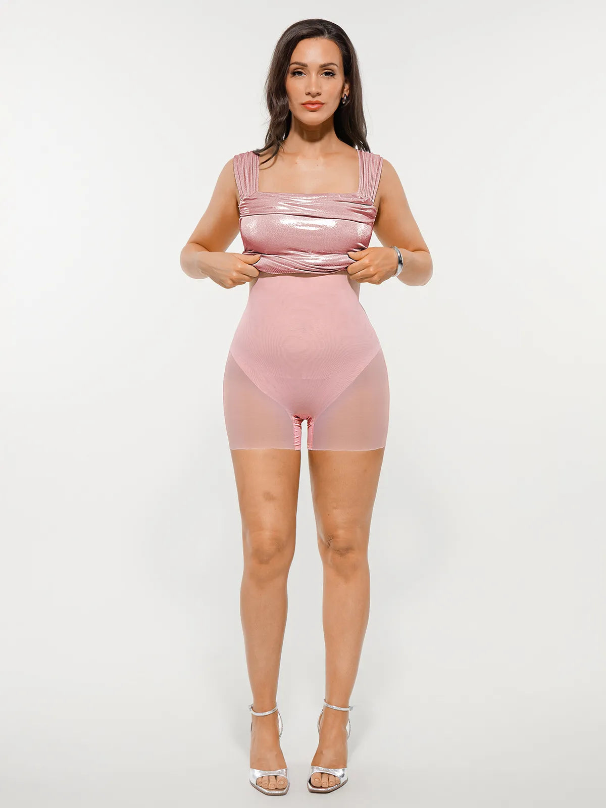 Metallic Off-The Shoulder Ruched Sculpting Tummy Control Mini Dress