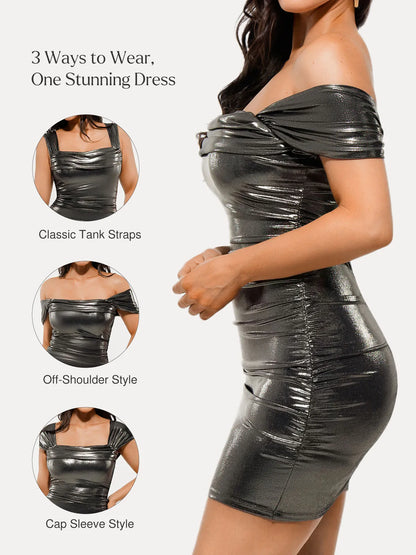 Metallic Off-The Shoulder Ruched Sculpting Tummy Control Mini Dress