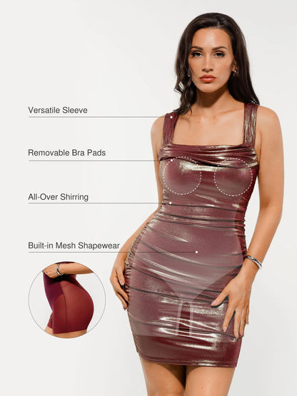 Metallic Off-The Shoulder Ruched Sculpting Tummy Control Mini Dress