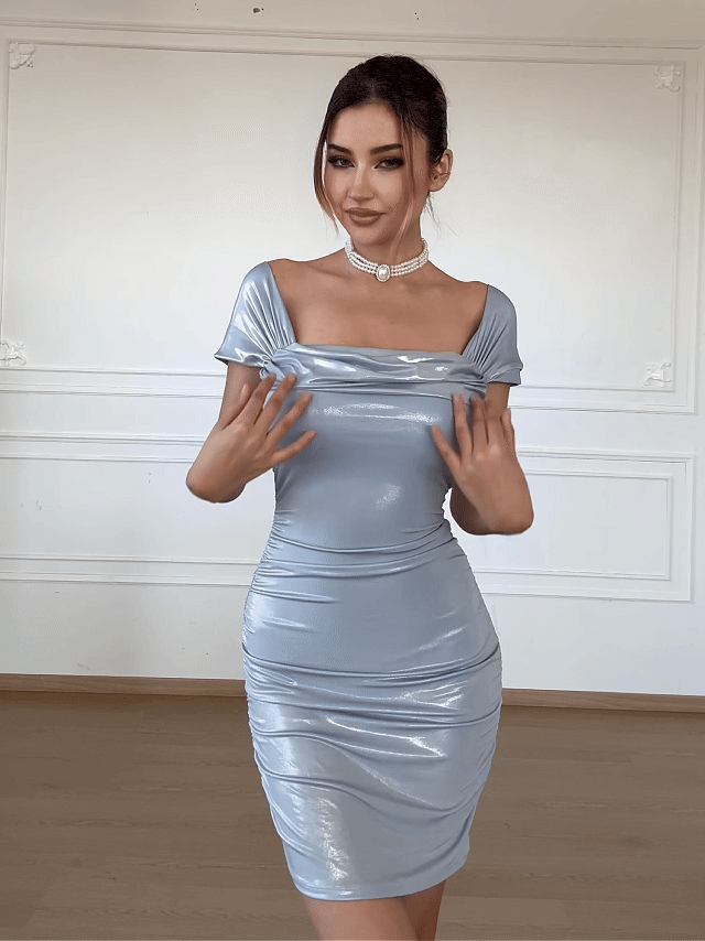 Metallic Off-The Shoulder Ruched Sculpting Tummy Control Mini Dress