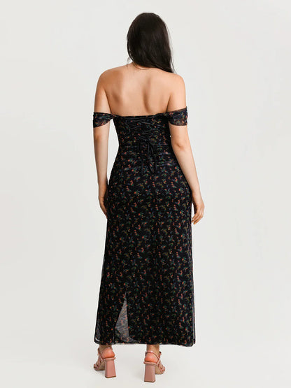 Off-The-Shoulder Sculpting Floral Print Maxi Dress