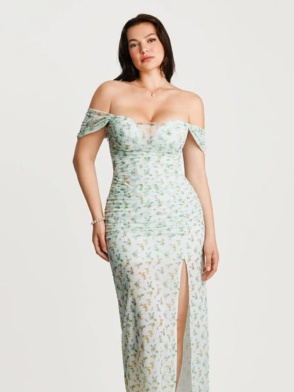 Off-The-Shoulder Sculpting Floral Print Maxi Dress