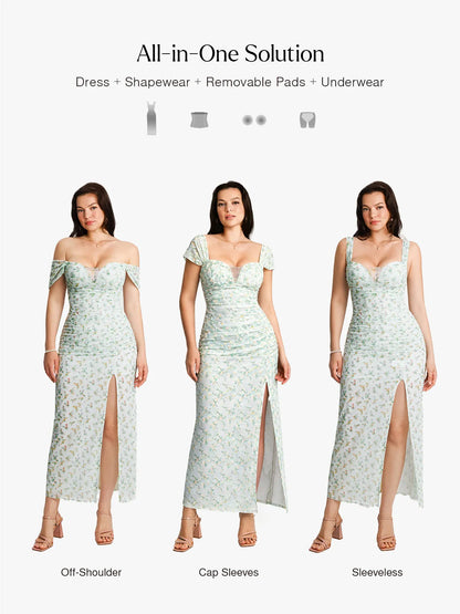 Off-The-Shoulder Sculpting Floral Print Maxi Dress