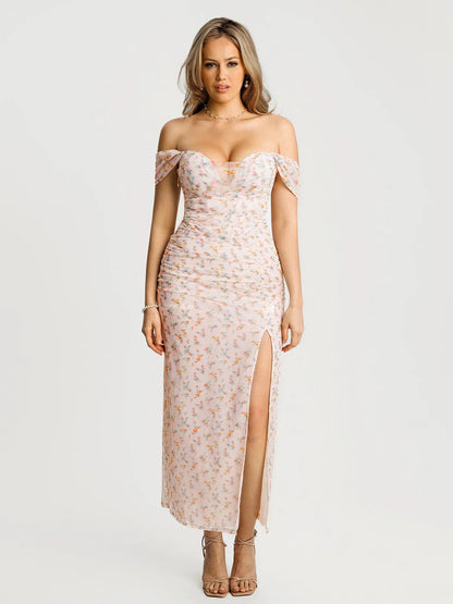Off-The-Shoulder Sculpting Floral Print Maxi Dress