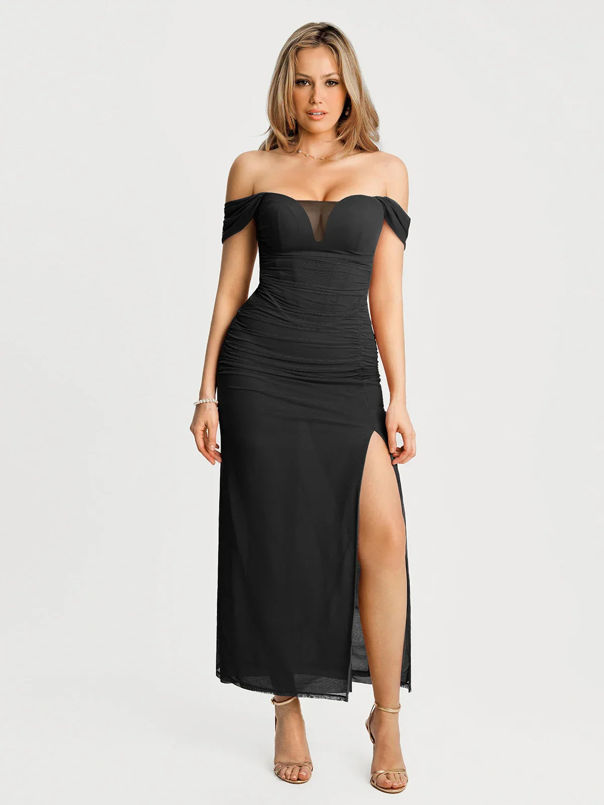Off-The-Shoulder Sculpting Floral Print Maxi Dress