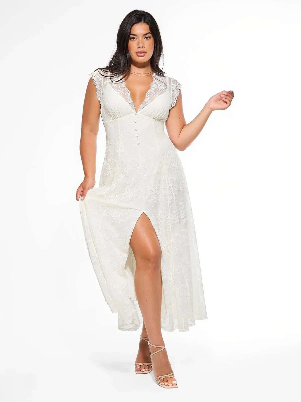 Shapewear Boho Floral Lace Front Slit Maxi Dress